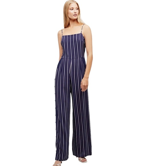 L’AGENCE Size 6 Silk Finley Button-Leg Stripe Jumpsuit Navy‎ White Lightweight - Picture 1 of 10